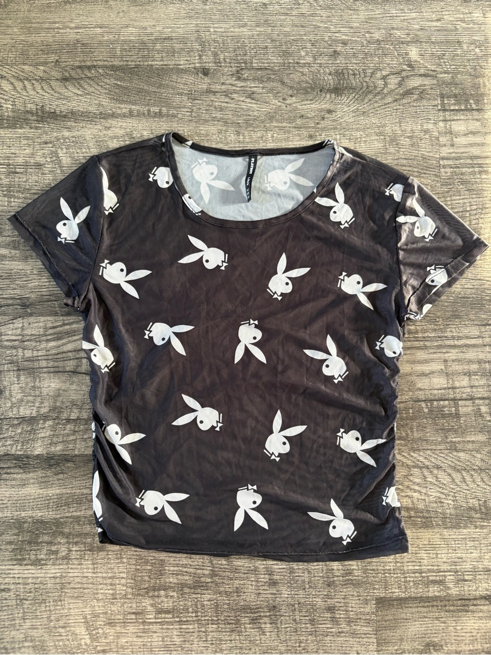 Playboy Bunny Logo Sheer Mesh T-Shirt All Over Print Womens Top Size Large NWOT